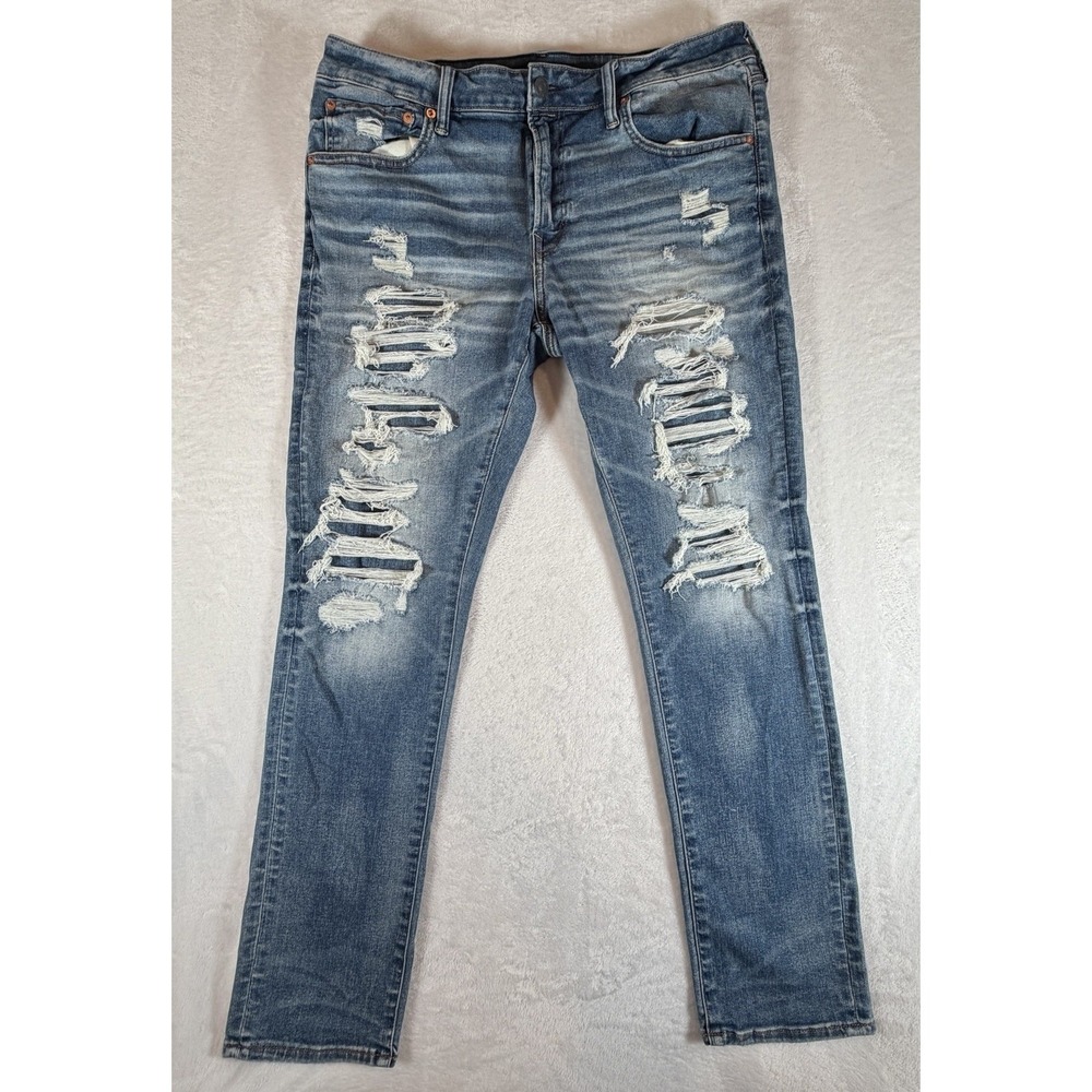American Eagle Jeans Men's Sz 38x32 Blue Airflex 360 Distressed Denim Skinny